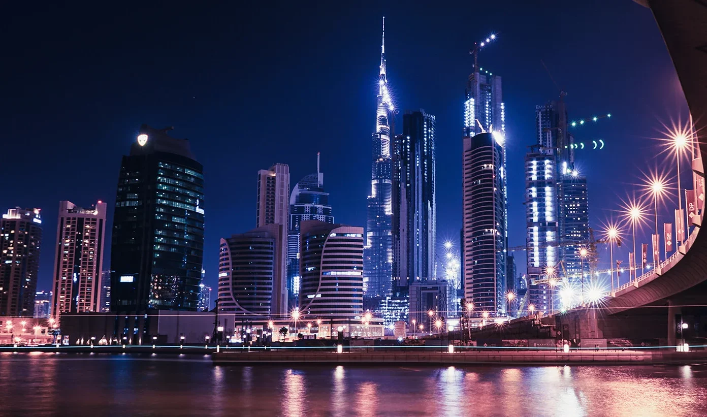 Dubai business bay buildings during night time.