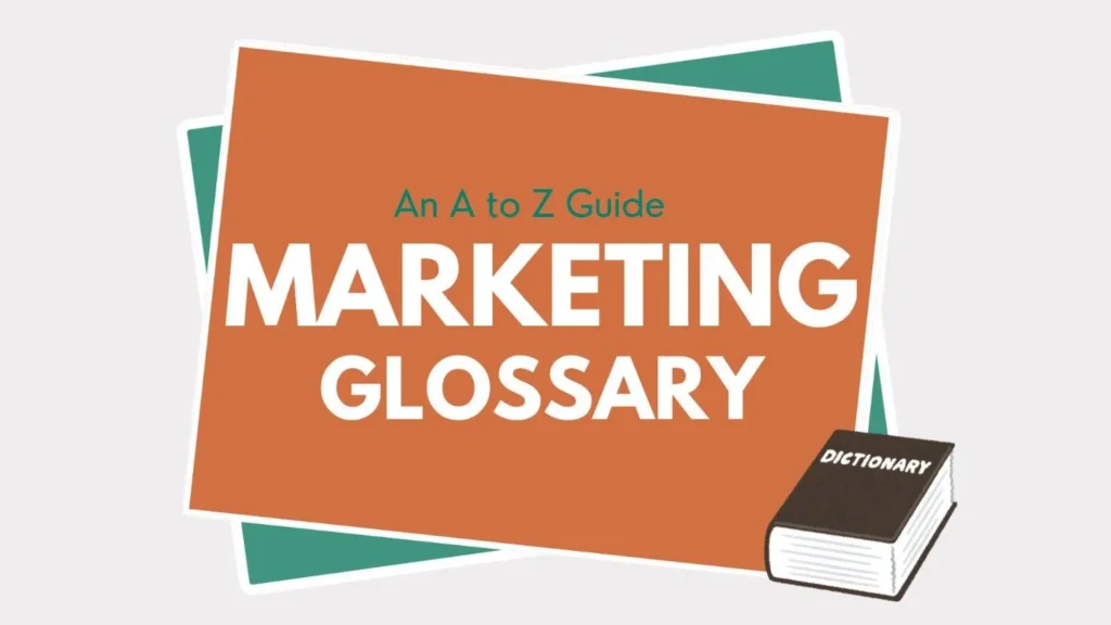 A to Z Guide Marketing Glossary illustration with bold white text on a colored background and a small dictionary icon.