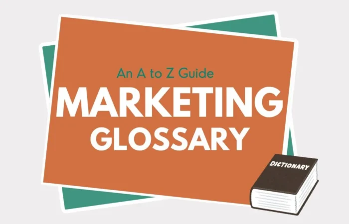 A to Z Guide Marketing Glossary illustration with bold white text on a colored background and a small dictionary icon.