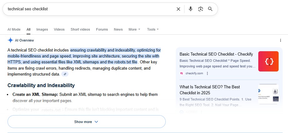 screenshot of the ai overview answer for the search query: technical seo checklist 