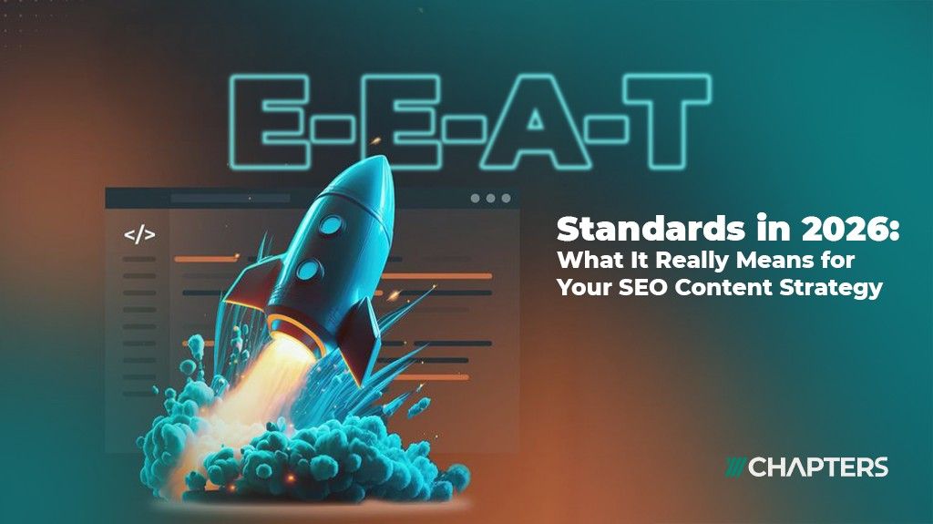 E-E-A-T standard in 2026 text written next to a rocket launching illustration