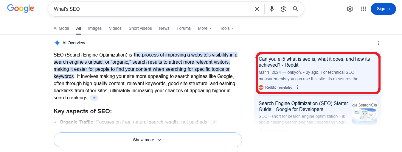 image of ai overviews result for "what is seo"