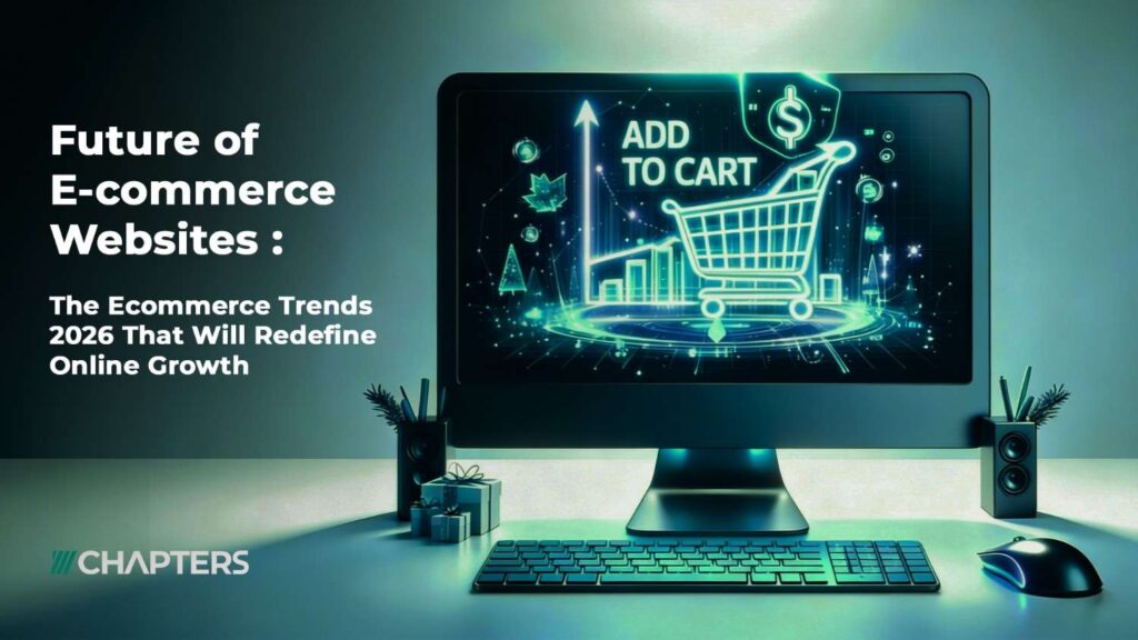 ecommerce trends 2026 text next to a computer screen showing an ecommerce shopping cart
