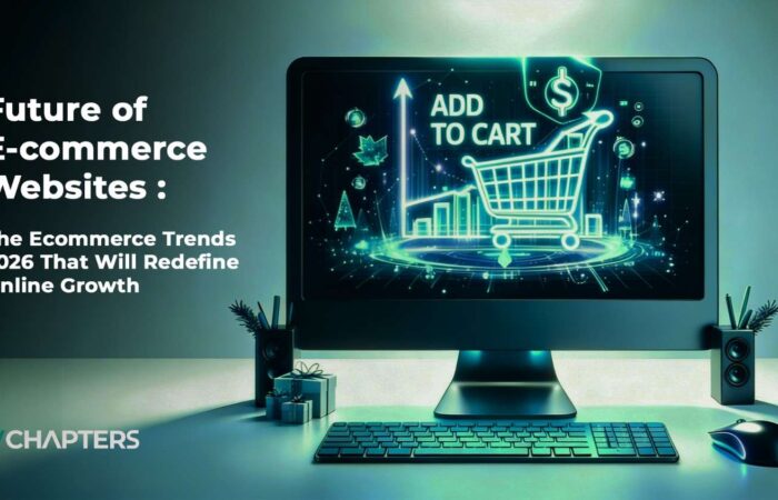 ecommerce trends 2026 text next to a computer screen showing an ecommerce shopping cart