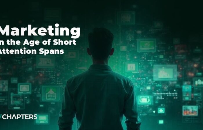 marketing in the age of short attention spans text next to a person watching several digital screens at the same time