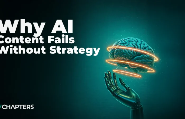 cover image for a blog about ai content seo titled " why ai content fails without strategy" featuring an image of a brain and a hand